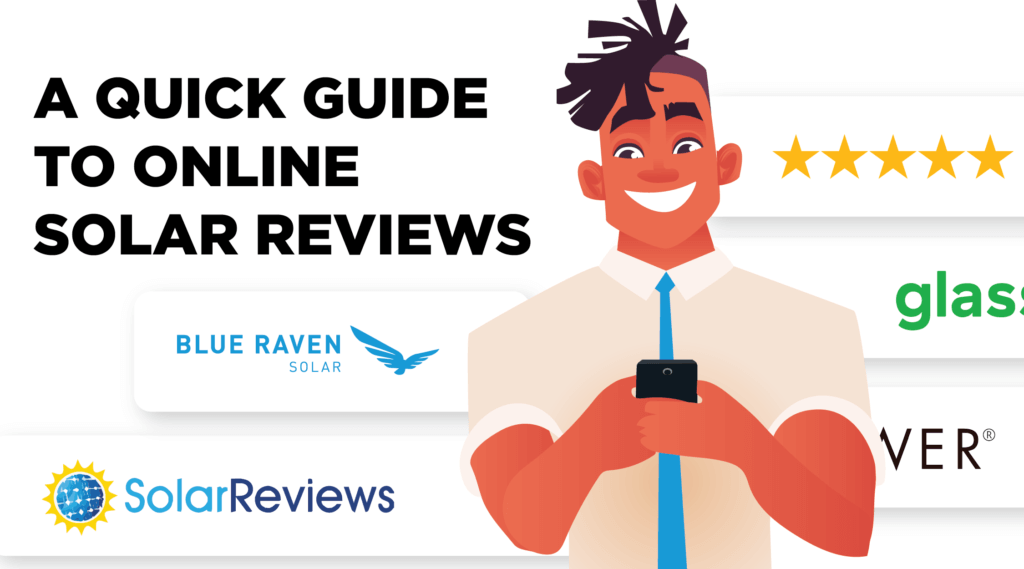 Cartoon like male character, holding a smart phone surrounded by review site logos with blog title: "A Quick Guide to Online Solar Reviews"
