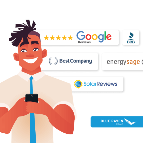 Cartoon like male character, holding a smart phone surrounded by review site logos