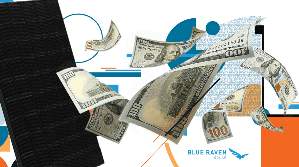 Large solar panel with floating $100 bills and light blue shapes and large orange boxes in the background