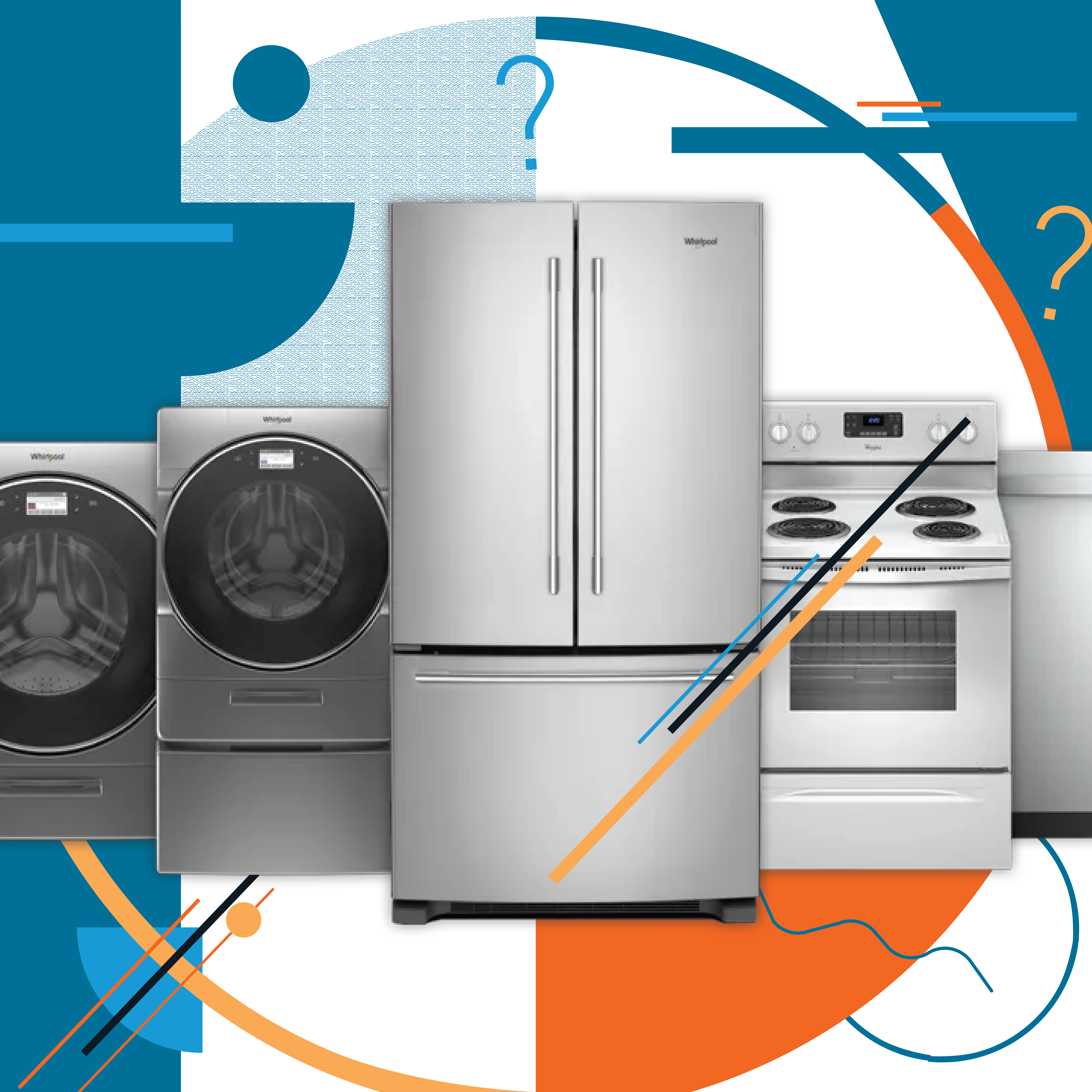 Large household appliances with blue and orange abstract shapes in the background