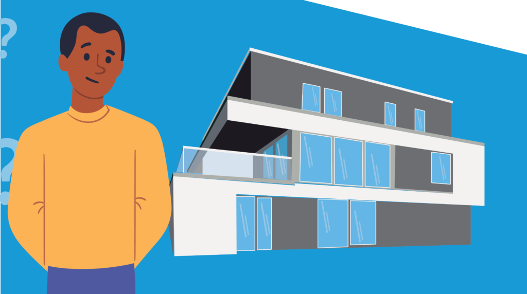 Black male character standing in front of modern house graphic