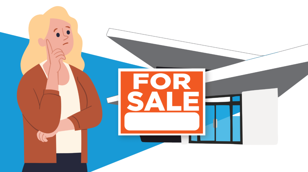 White female with blonde character with a puzzled expression standing in front of a house with a for sale sign