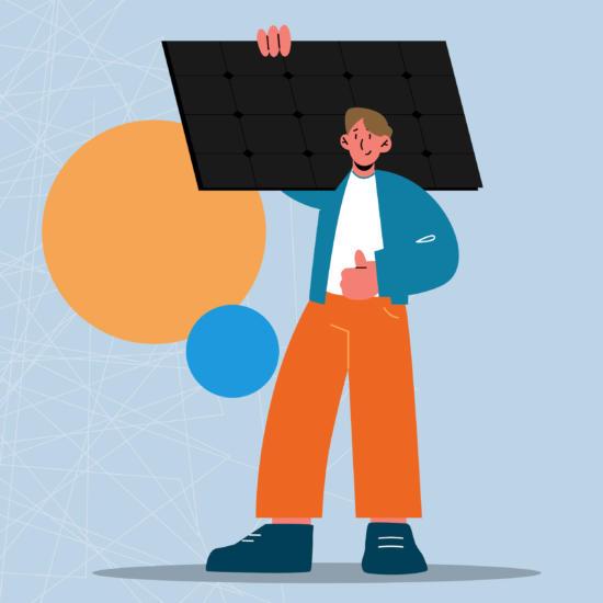 Illustrated male character holding a solar panel giving a thumbs up in orange wide-leg pants and blue jacket