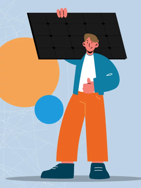 Illustrated male character holding a solar panel giving a thumbs up in orange wide-leg pants and blue jacket