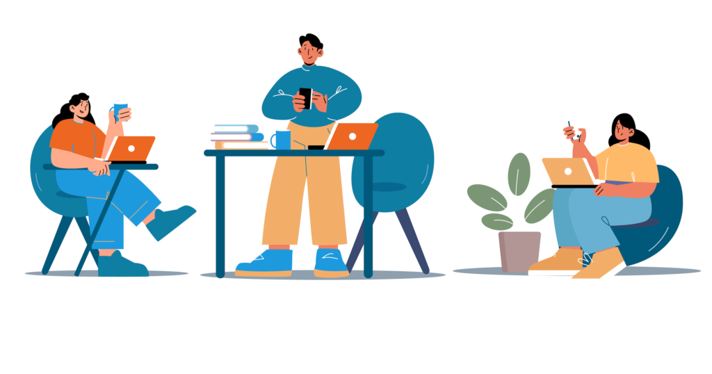 Illustrated characters, two females sitting with laptops and a male standing in the middle behind a desk in bright blue, yellow, and orange tones