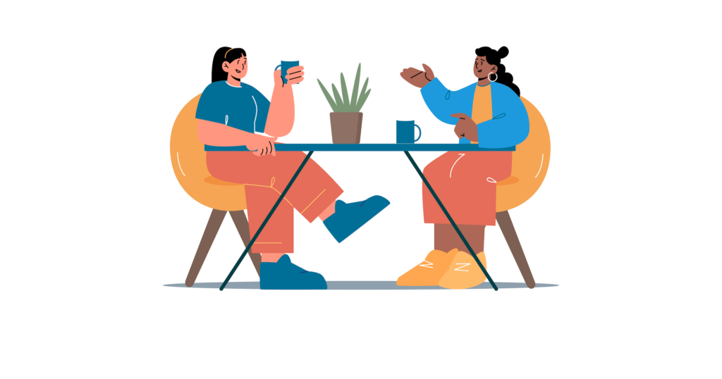 Illustrated female characters sitting at a table, facing each other