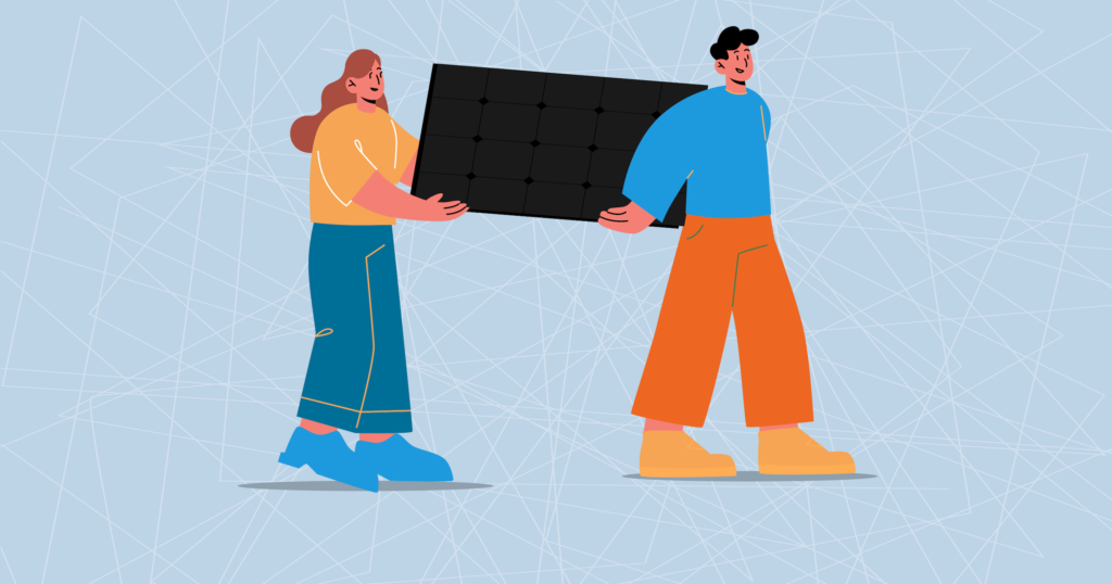 Illustrated characters, female and male carrying a solar panel