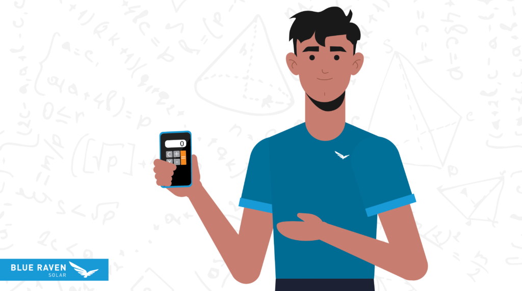 Male character in a Blue Raven Solar branded shirt holding a calculator illustration