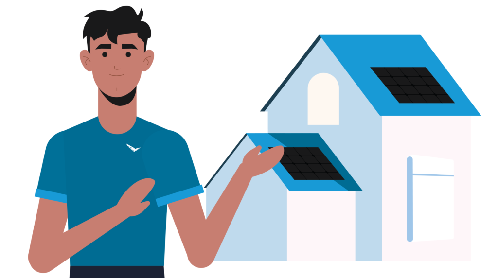 Male character in a Blue Raven Solar branded shirt motioning towards a house with solar panels installed illustration