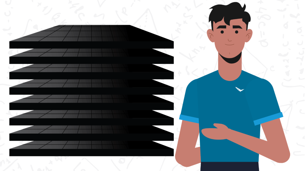 Male character in a Blue Raven Solar branded shirt pointing to a stack of solar panels illustration