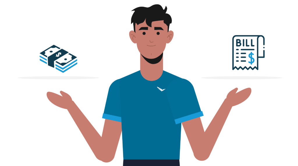 Male character in Blue Raven Solar branded shirt with arms outstretched with cash icon above one and utility bill icon above the other illustration