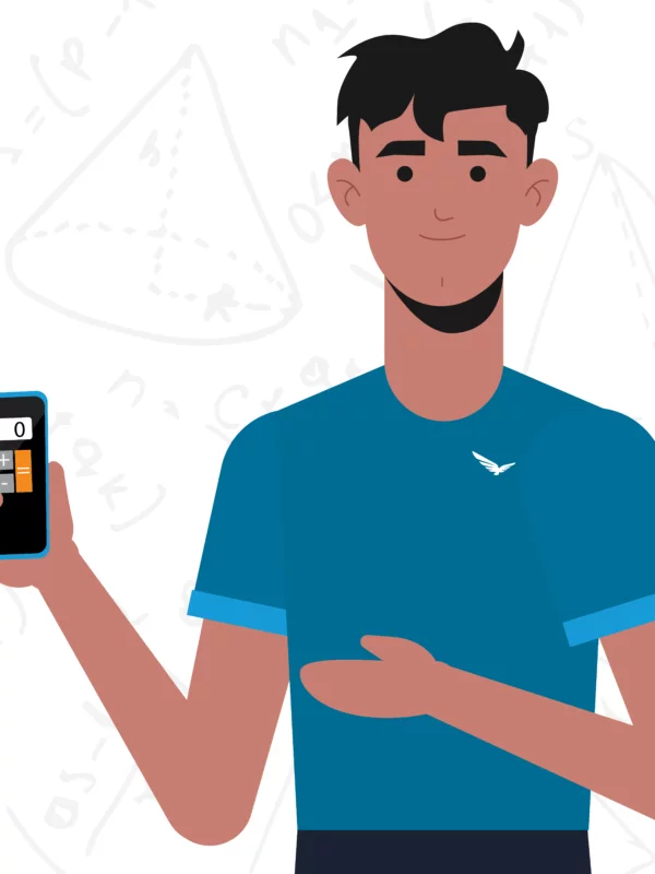 Male character in a Blue Raven Solar branded shirt holding a calculator illustration