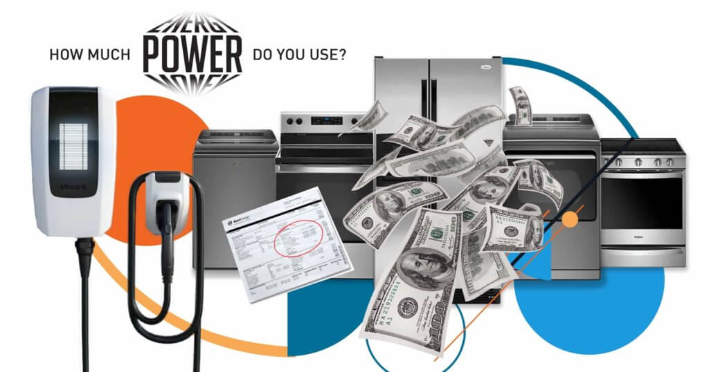 Different household appliances with dollar bills and power bills and title = "How much power do you use?"