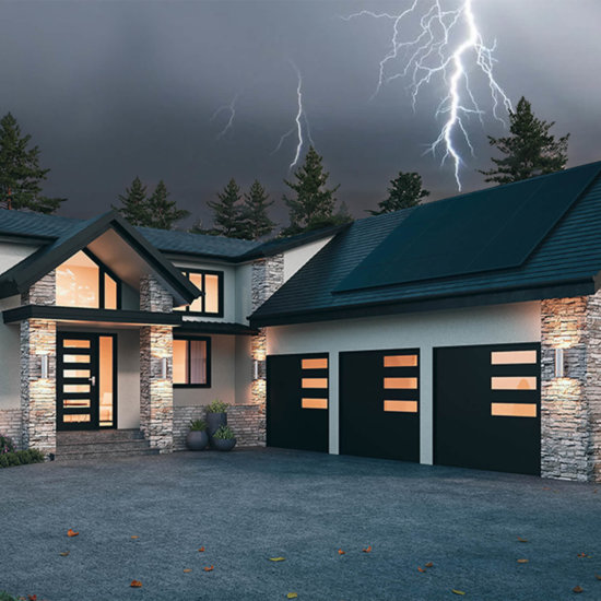 House rendering with natrual tones and black finishes with intense weather conditions in the background