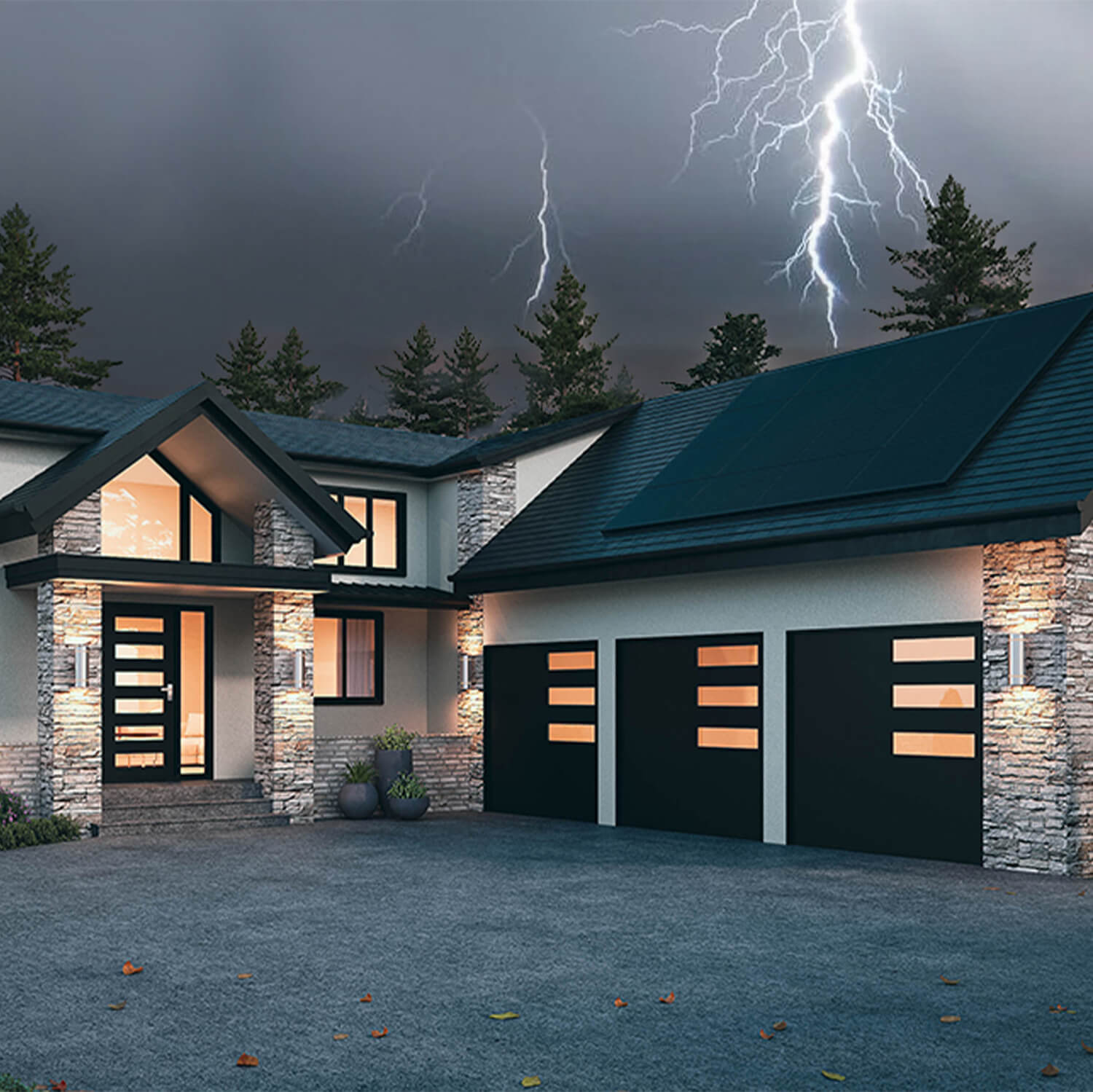 House rendering with natrual tones and black finishes with intense weather conditions in the background