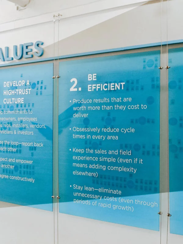 Blue Raven Solar values presented on the wall located at headquarters in Orem, UT