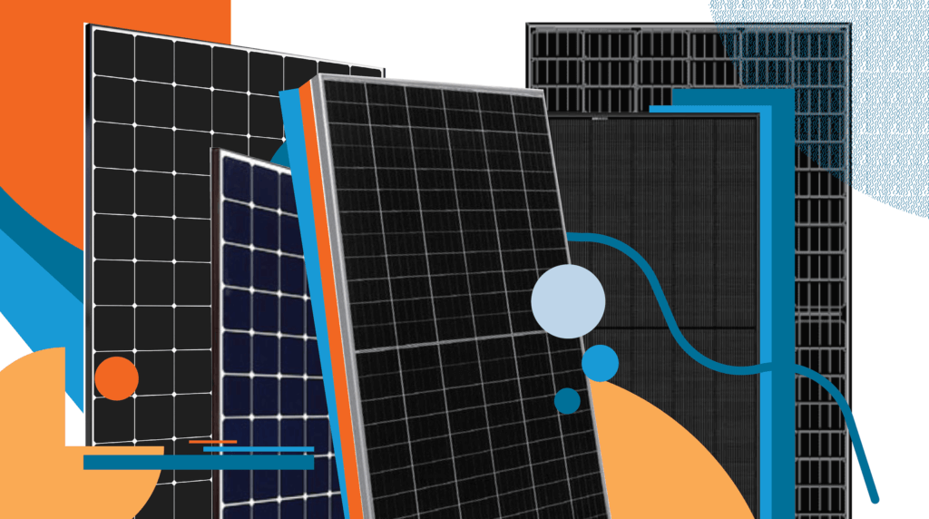 Five different solar panel designs and types illustration with bright and bold blue and orange shapes and lines surrounding