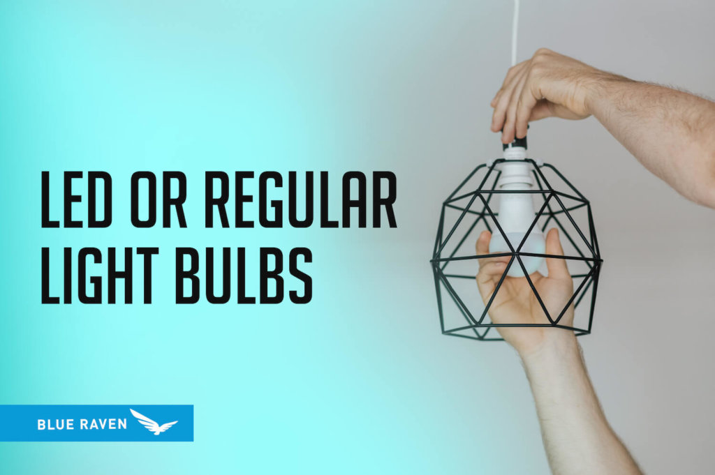 Human hands screwing in a light bulb into a modern ligh fixture with the title = LED or Regular Light Bulbs