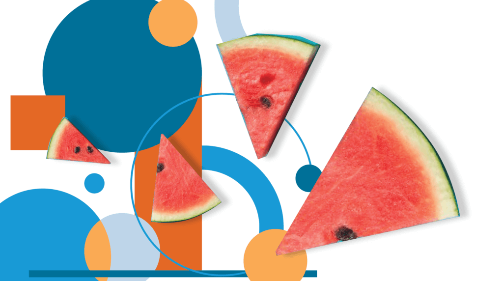 Watermelon slices with blue, orange, and yellow shapes behind