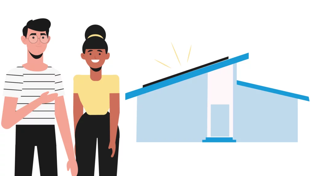Character illustration of a male and female standing in front of a modern house with solar panels