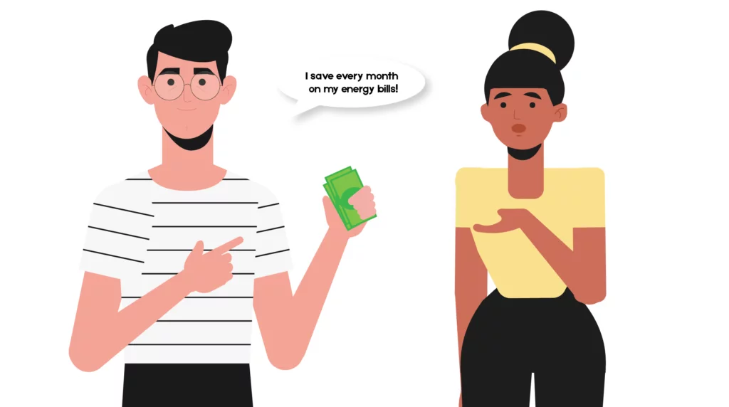 Character illustration of male holding cash in mone hand talking to a female