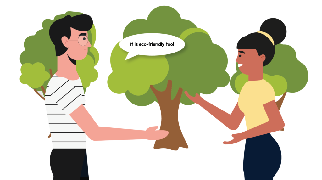 Character illustration of a male and female standing in front of trees
