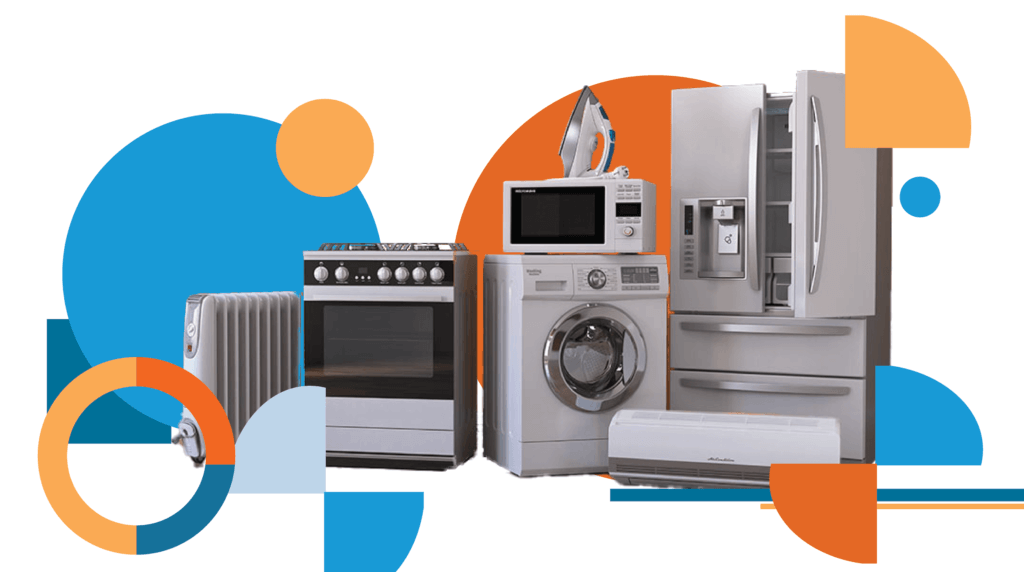 Large household appliances with bright colored geometric shapes behind and overlaid