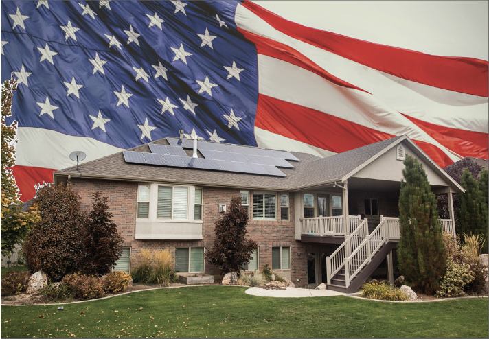 American flag and house with solar panels