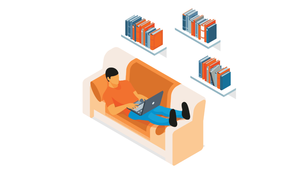 Illustration of a male sitting on a couch, working on a laptop with floating shelves above