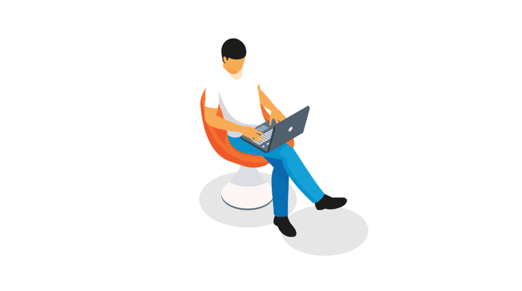 Illustration of a male sitting in a modern chair working on a laptop