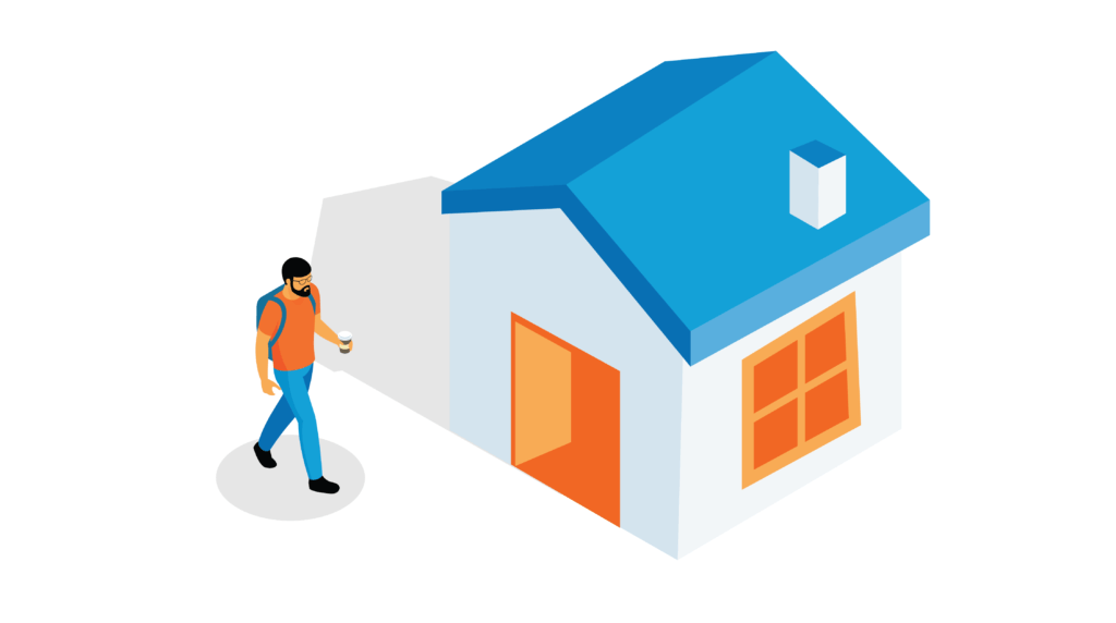 Illustration of a male with a backpack, walking towards the door of a small house with a blue roof