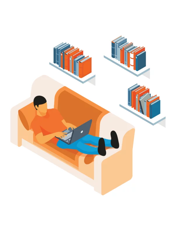 Illustration of a male sitting on a couch, working on a laptop with floating shelves above