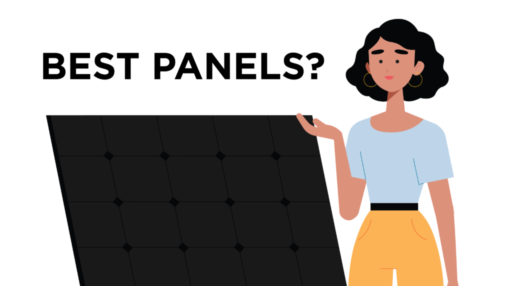 Best Residential Solar Panels-01 Female character illustration in blue shirt and yellow pants standing next to a large solar panel drawing