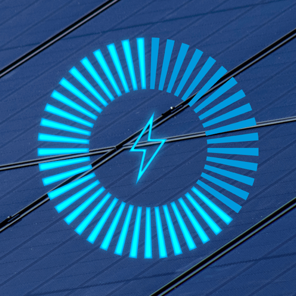 Residential solar panel system in the background with lightning icon in the middle with battery power indicators radiating out in neon blue