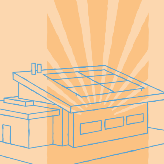 Thin line icon of a house with solar panels in blue with an orange sun-ray in the background