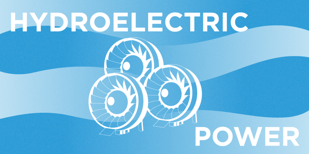 The Top Producers of Renewable Energy-02 Hydroelectric Power represented by three water mumps or fans with a variegated blue background