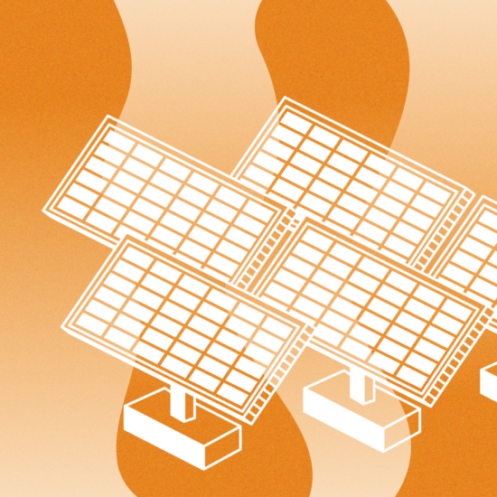 Solar Power represented by five solar panels with a variegated orange background