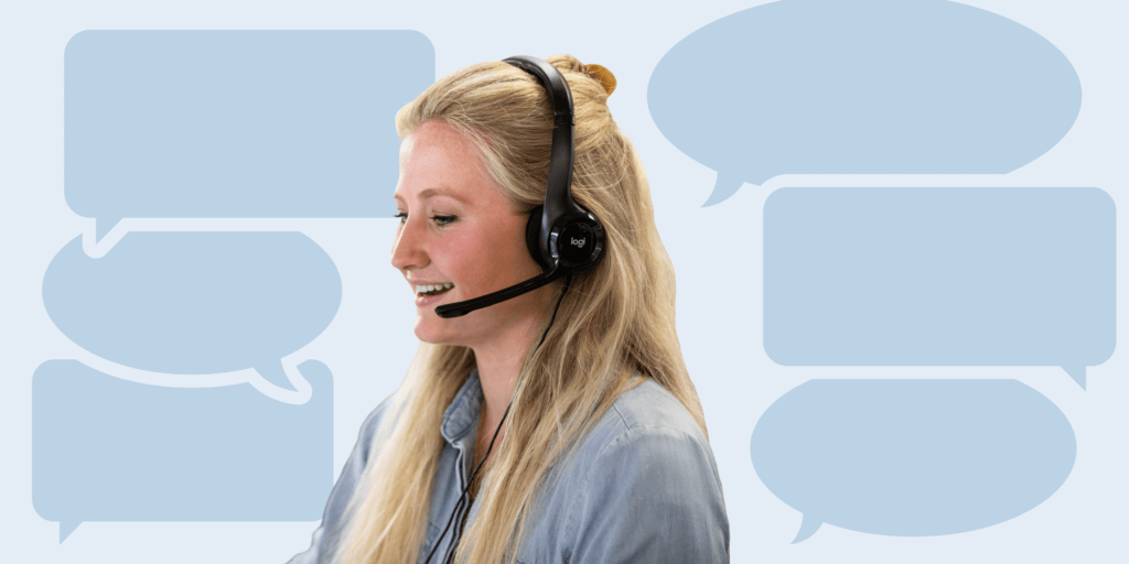 Female with a headset, talking to a customer with chat bubble icons outlined in the background