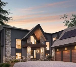 Modern grey and stone house rendering with solar panels installed on garage