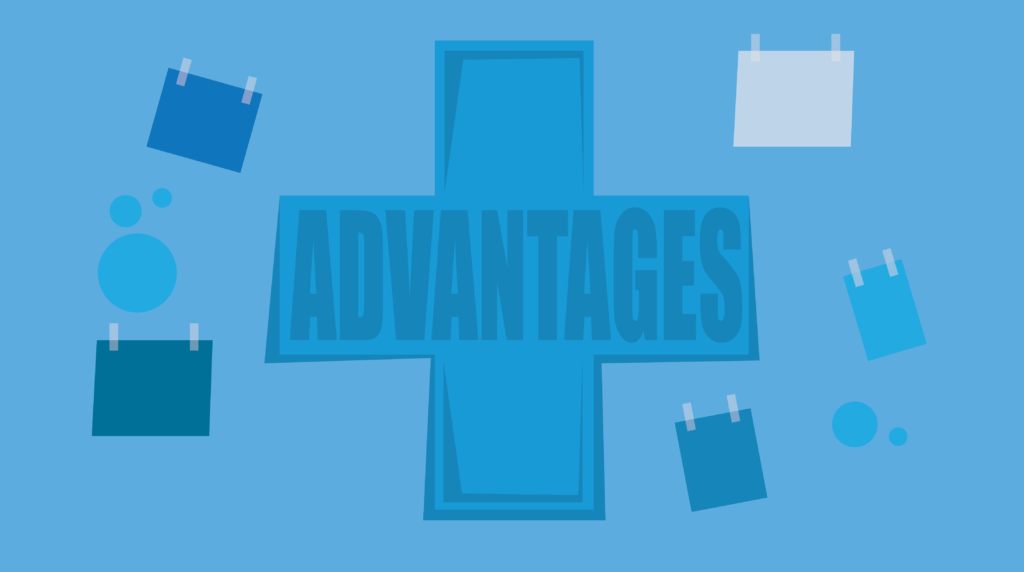 Advantages in a blue plus sign, surrounded by other shades of blue squares and circles