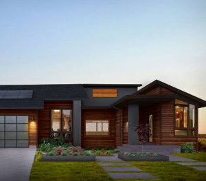 Brown wood-panel exterior house rendering