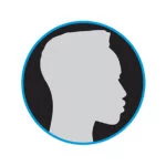 Black male with large forehead silouette in dark grey circle icon