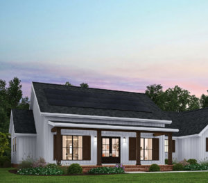 White farmhouse styled house with pastel skies rendering