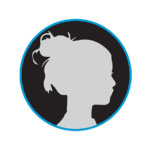 White female with hair pulled up in dark grey circle icon