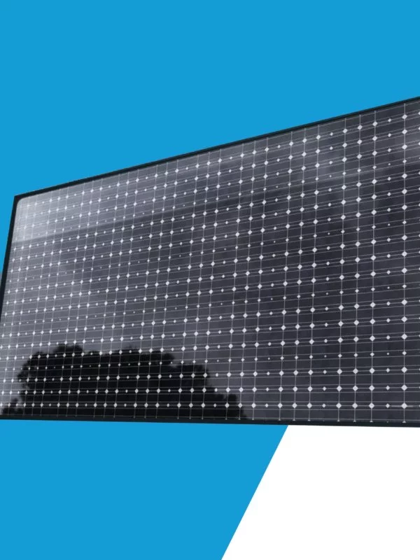 Solar panel graphic with reflection and diagnal bright blue background