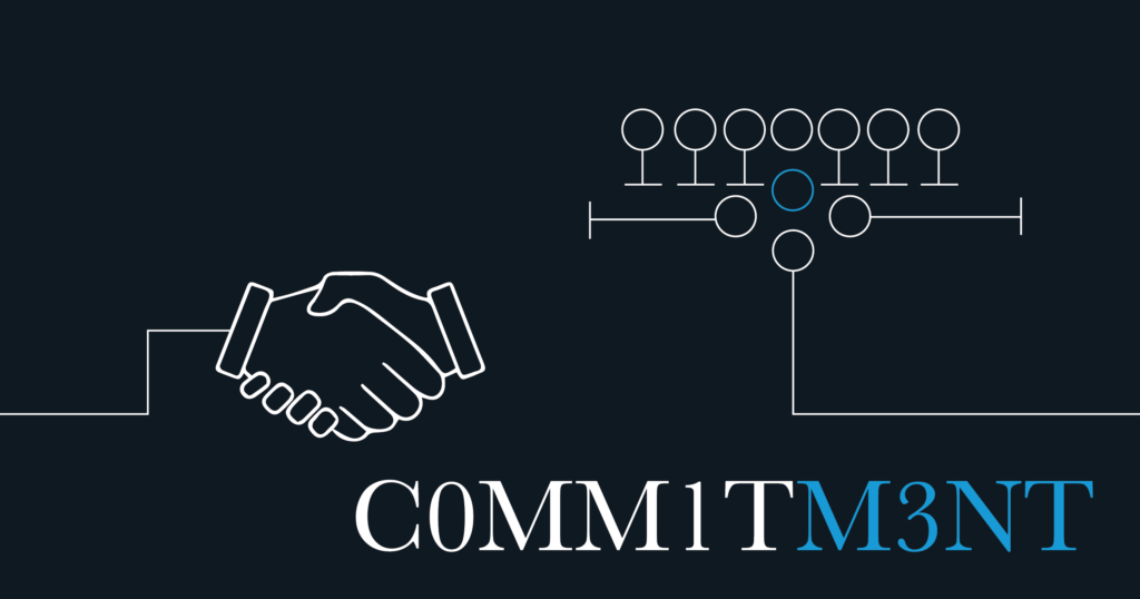 Handshake graphic and "Commitment" featuring football plays on a dark blue background