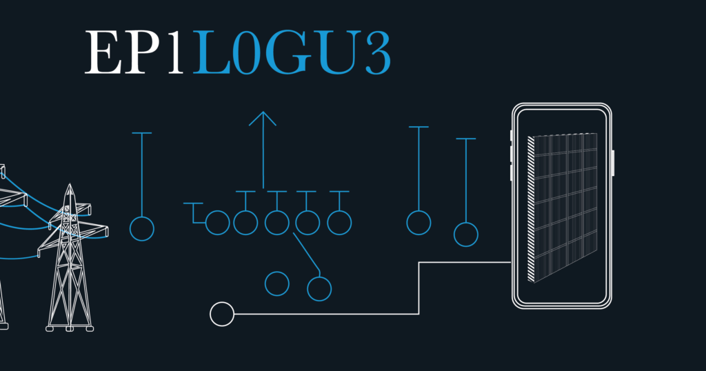 Solar app graphic and "Epilogue" featuring football plays on a dark blue background