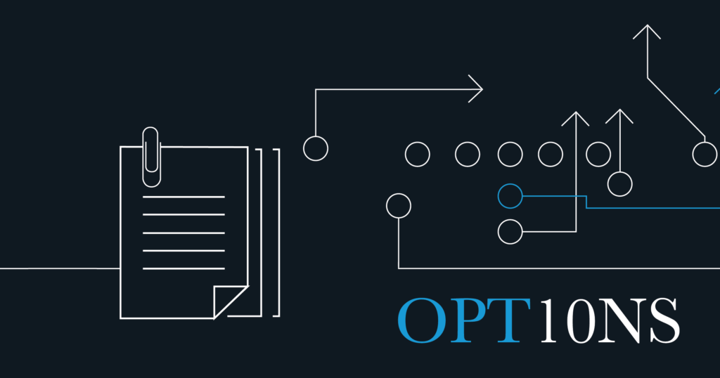 Paperwork graphic and "Options" featuring football plays on a dark blue background