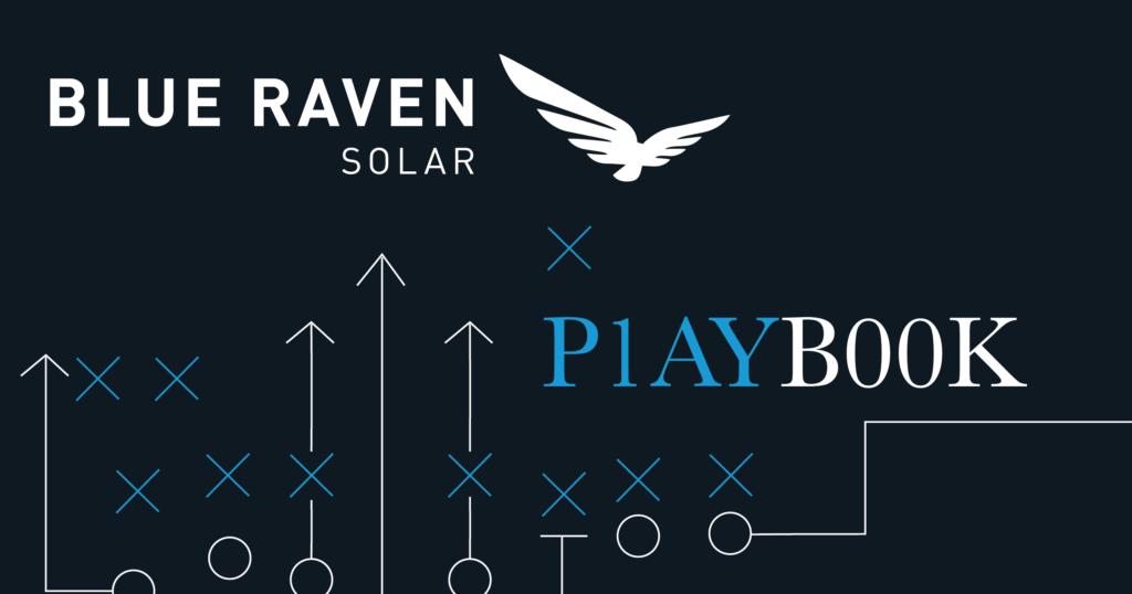 Blue Raven Solar logo and "Playbook" featuring football plays on a dark blue background
