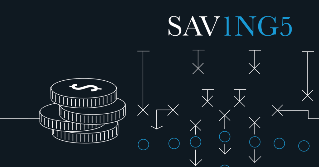 Coins stacked graphic and "Savings" featuring football plays on a dark blue background
